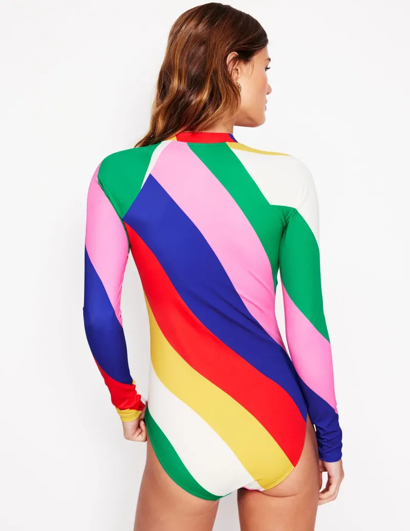 Swimwear-Boden Sporty Raglan Sleeve Swimsuit-Multi, Rainbow Cascade Multi,RainbowCascade