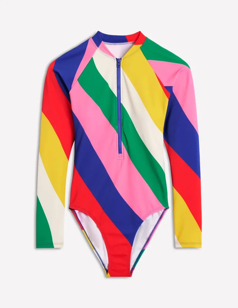 Swimwear-Boden Sporty Raglan Sleeve Swimsuit-Multi, Rainbow Cascade Multi,RainbowCascade