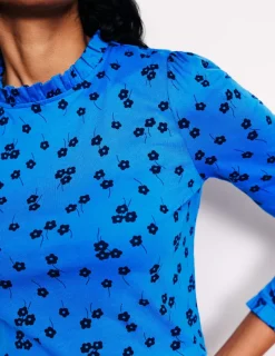 Tops & Blouses | T-Shirts & Tanks-Boden Supersoft Frill Detail Top-Kingfisher Blue , Fall Sprig KingfisherBlue,FallSprig