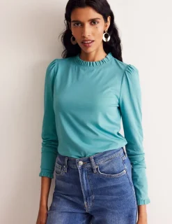 Tops & Blouses | T-Shirts & Tanks-Boden Supersoft Frill Detail Top-Blue Grass BlueGrass