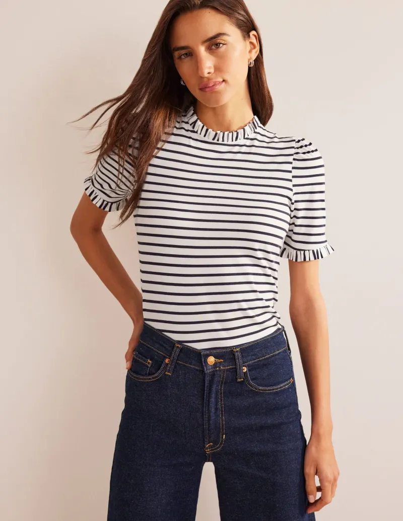 Nightwear & Lougewear | T-Shirts & Tanks-Boden Supersoft Frill Detail T-shirt-Ivory, Navy Stripe Ivory,NavyStripe