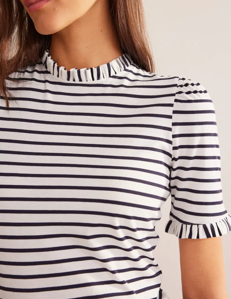 Nightwear & Lougewear | T-Shirts & Tanks-Boden Supersoft Frill Detail T-shirt-Ivory, Navy Stripe Ivory,NavyStripe