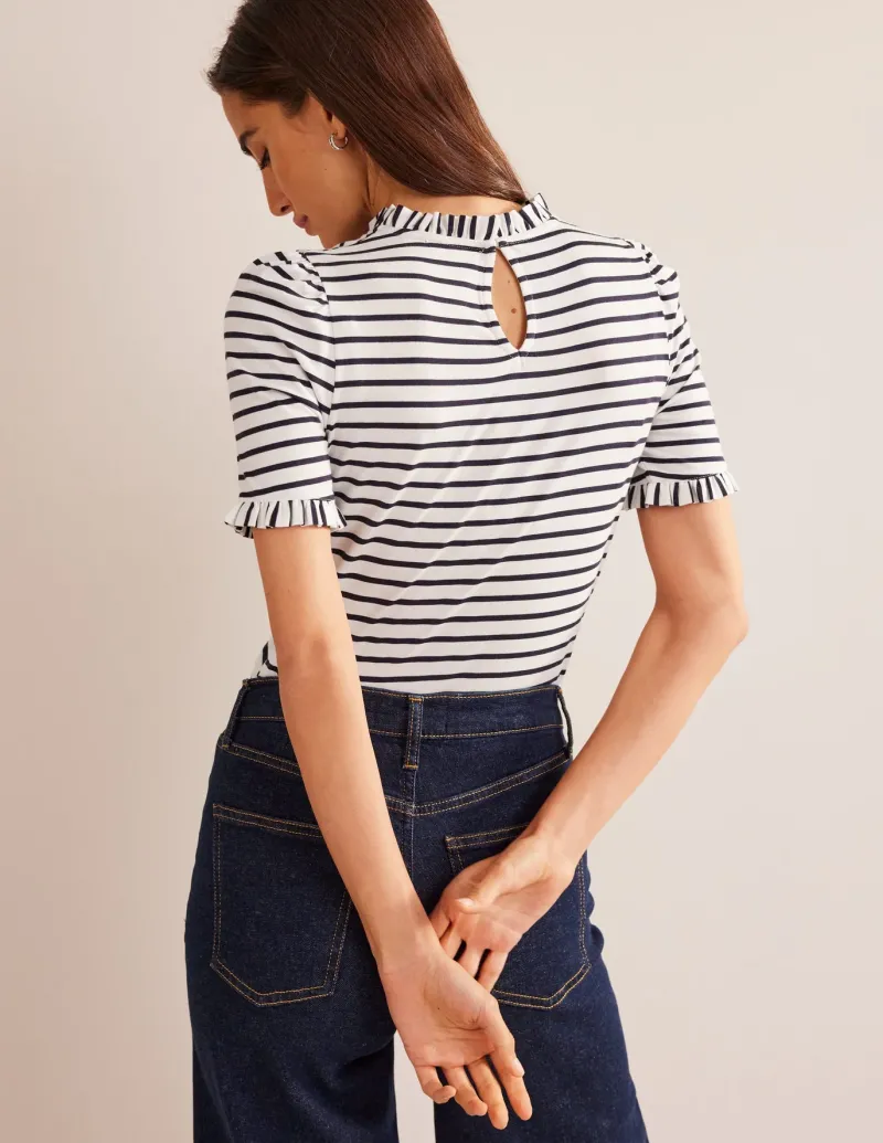 Nightwear & Lougewear | T-Shirts & Tanks-Boden Supersoft Frill Detail T-shirt-Ivory, Navy Stripe Ivory,NavyStripe