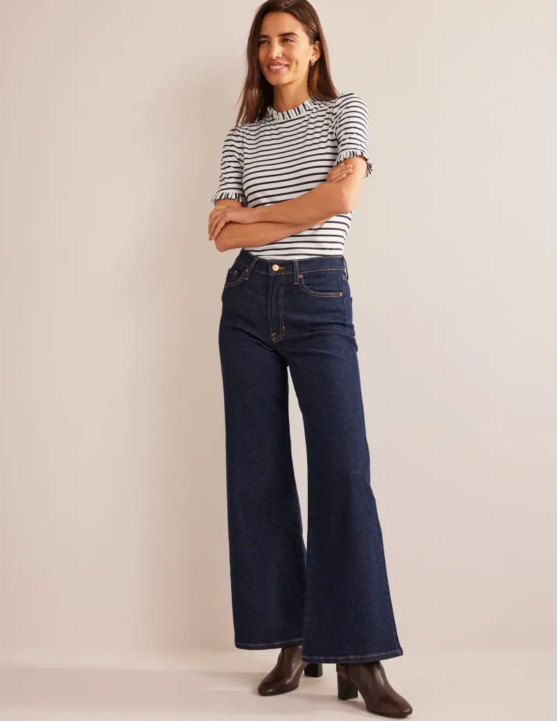 Nightwear & Lougewear | T-Shirts & Tanks-Boden Supersoft Frill Detail T-shirt-Ivory, Navy Stripe Ivory,NavyStripe