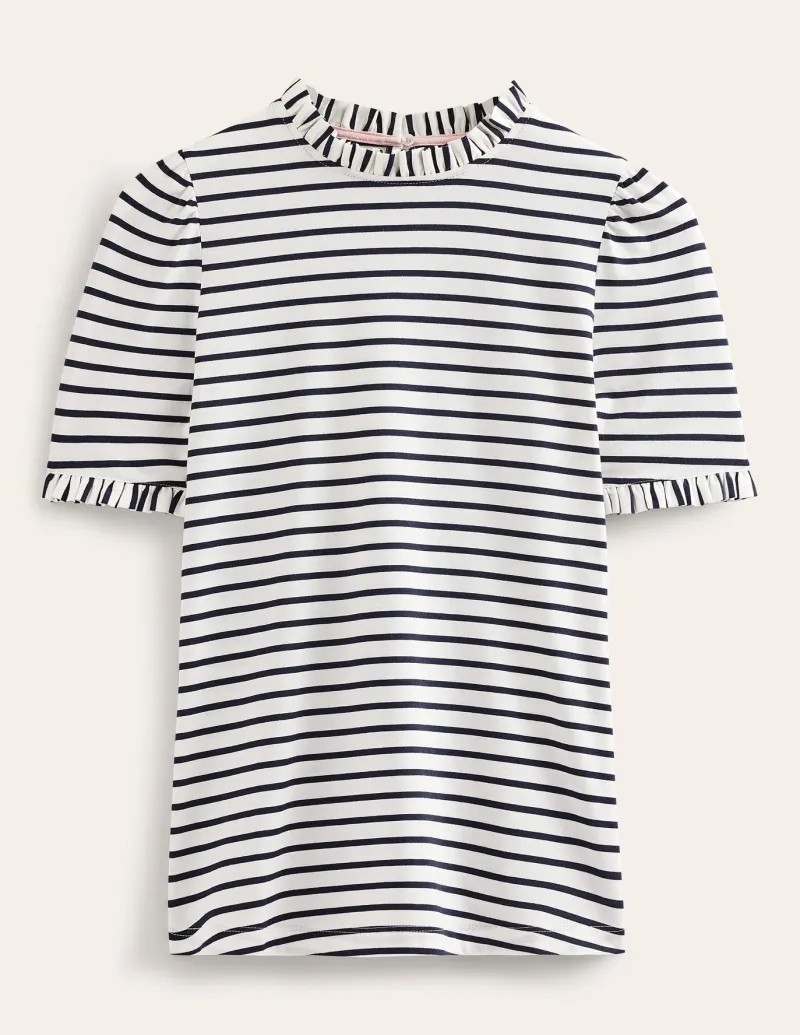 Nightwear & Lougewear | T-Shirts & Tanks-Boden Supersoft Frill Detail T-shirt-Ivory, Navy Stripe Ivory,NavyStripe