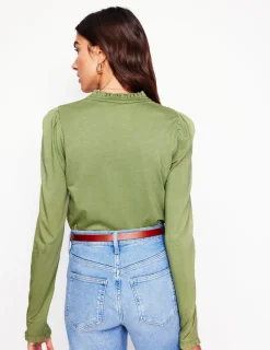 Tops & Blouses | T-Shirts & Tanks-Boden Supersoft Frill Henley Top-Larch Green LarchGreen