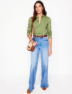 Tops & Blouses | T-Shirts & Tanks-Boden Supersoft Frill Henley Top-Larch Green LarchGreen