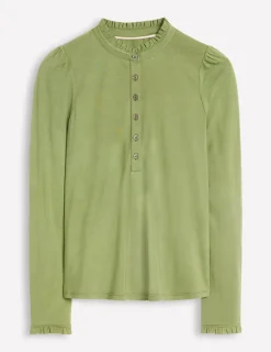 Tops & Blouses | T-Shirts & Tanks-Boden Supersoft Frill Henley Top-Larch Green LarchGreen