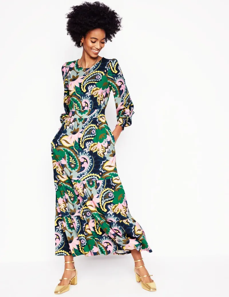 Dresses & Jumpsuits | Midi-Boden Tabitha Tiered Jersey Dress-Green, Botanical Paisley Green,BotanicalPaisley