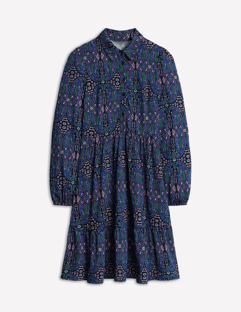 Petite Dresses | Short-Boden Tiered Jersey Shirt Dress-Navy, Paisley Bud Variation Navy,PaisleyBudVariation