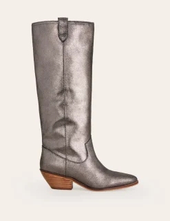 Boots | Heels-Boden Western Knee High Boots- Silver