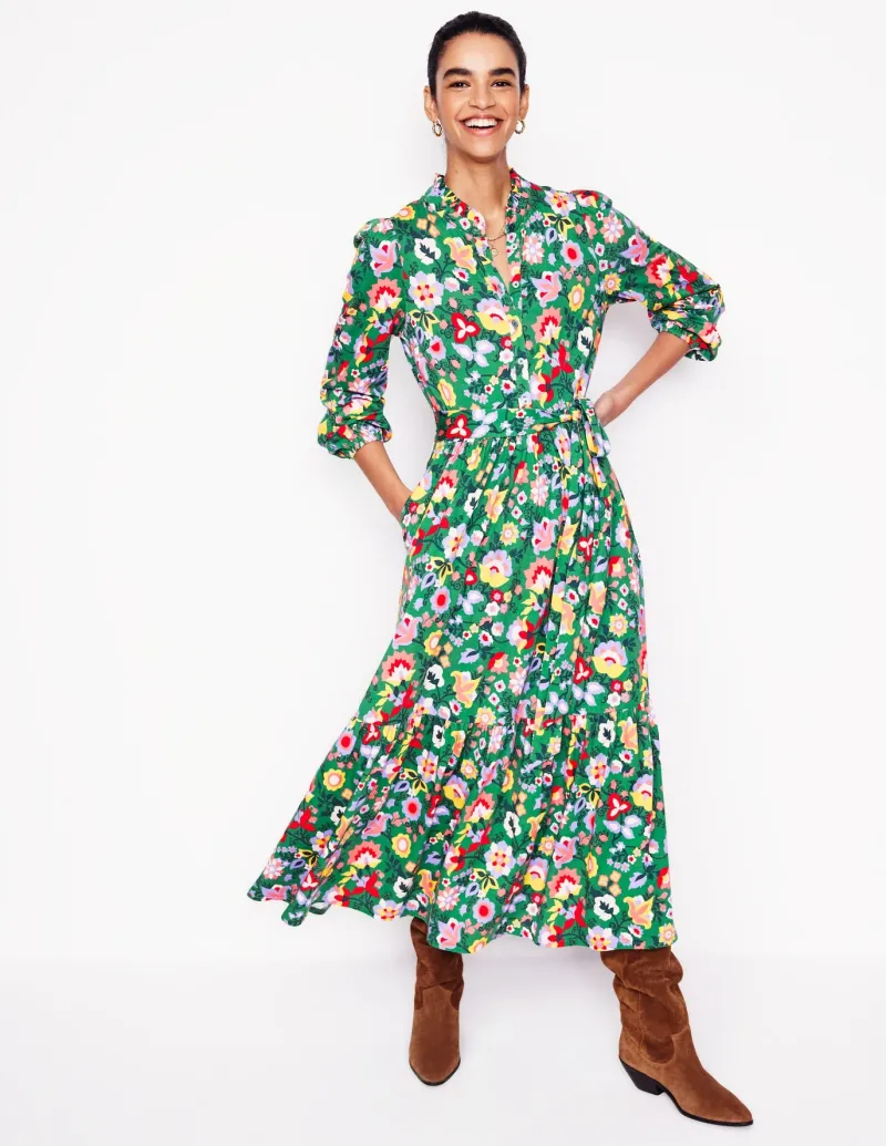Dresses & Jumpsuits | Midi-Boden Willow Tiered Jersey Dress-Forest Grass, Flourishing Vine ForestGrass,FlourishingVine