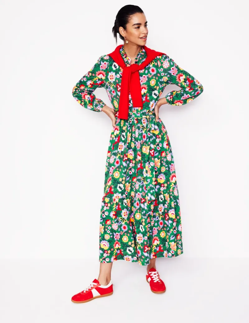 Dresses & Jumpsuits | Midi-Boden Willow Tiered Jersey Dress-Forest Grass, Flourishing Vine ForestGrass,FlourishingVine