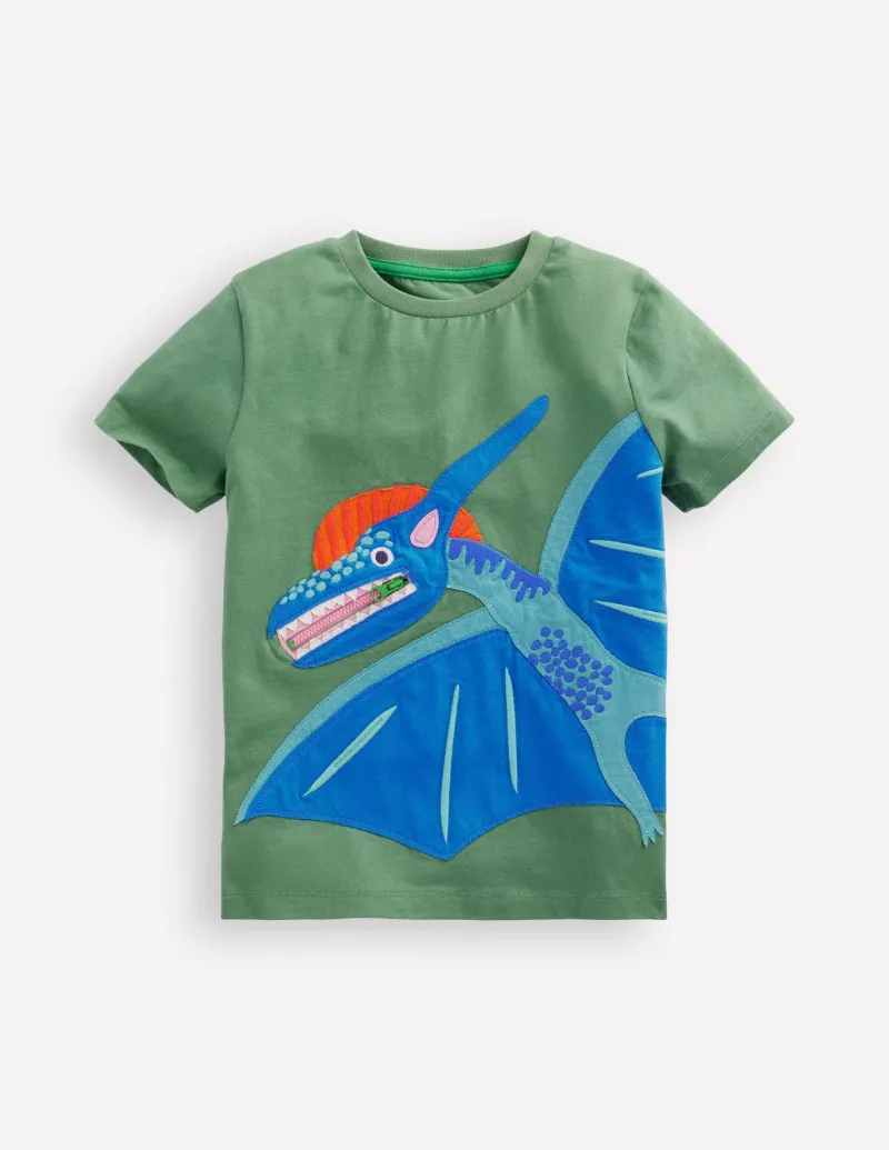 Tops, T-Shirts & Polos-Boden Zipper Applique T-Shirt-Newt Green Dinosaur NewtGreenDinosaur